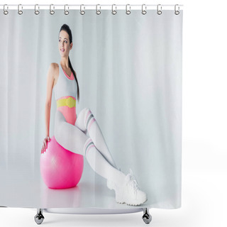 Personality  Smiling Sporty Girl Sitting On Fit Ball And Looking Away On Grey  Shower Curtains
