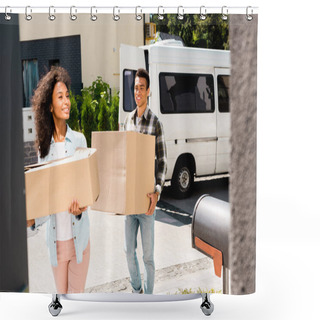 Personality  Selective Focus Of African American Couple Holding Boxes While Walking Into House  Shower Curtains