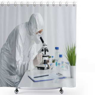 Personality  Scientist In Protective Uniform Using Microscope Near Vaccines And Clipboard On Blurred Foreground  Shower Curtains