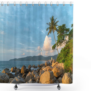 Personality  Lovers Take Pictures On The Big Rocks Shower Curtains