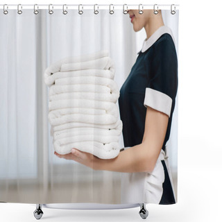 Personality  Cropped Shot Of Maid In Uniform Holding Stack Of Clean Towels Shower Curtains