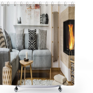 Personality  Real Photo Of Modern Painting Placed On The Shelf Above Grey Sofa With Patterned Pillows Standing In Bright Sitting Room Interior With Blanket On Wooden Ladder And Fireplace Shower Curtains