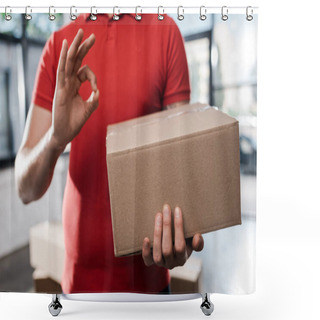 Personality  Cropped View Of Delivery Man Holding Carton Box And Showing Ok Sign  Shower Curtains
