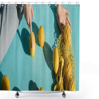 Personality  Cropped View Of Woman Sitting Near String Bag And Ripe Lemons On Blue, Banner  Shower Curtains