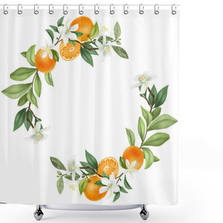 Personality  Wreath Of Hand Drawn Blooming Mandarin Tree Branches, Mandarin Flowers And Mandarins, Isolated Illustration On A White Background Shower Curtains