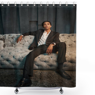 Personality  Handsome Young African American Man In Elegant Suit Sitting On Comfy Sofa And Looking At Camera Shower Curtains