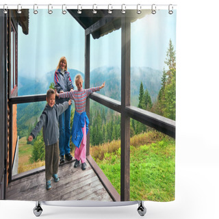Personality  Family On Wooden Mountain Cottage Porch Shower Curtains