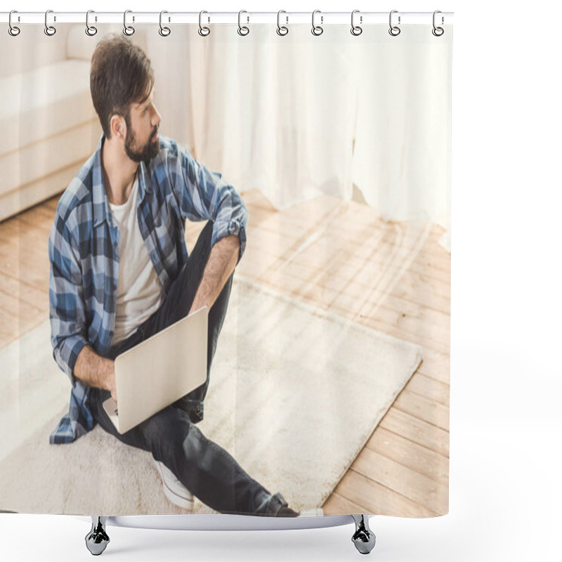 Personality  Thoughtful Man Sitting On Carpet And Daydreaming Shower Curtains