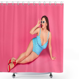 Personality  Full Length View Of Sexy Size Plus Woman In Swimsuit And Sunglasses Resting Isolated On Pink Shower Curtains