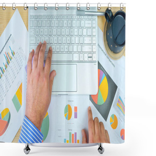 Personality  Businessman Accountant Working With Graphs And Modern Touch Screen Computer. Shower Curtains
