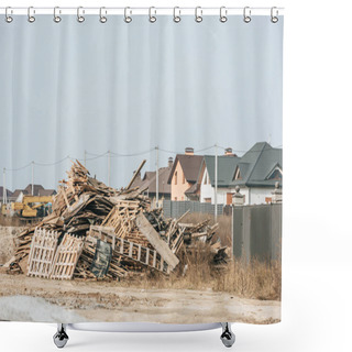 Personality  Stack Of Wooden Pallets With Houses At Background Shower Curtains