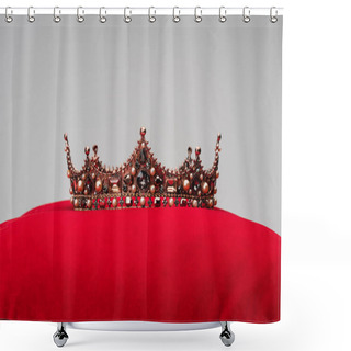Personality  Luxury Crown On Red Velvet Cushion Isolated On Grey Shower Curtains