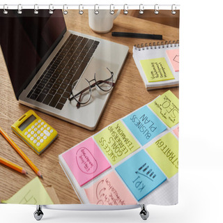 Personality  Paper Stickers With Business Strategy, Calculator And Laptop On Tabletop Shower Curtains