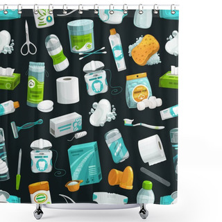 Personality  Hygiene And Healthcare Seamless Pattern, Washing And Bathing Items Background. Health Care Toiletries Daily Cosmetics, Shaving Razor, Hygienic Tampons, Baby Diaper, Wet Towels And Toothpaste Pattern Shower Curtains