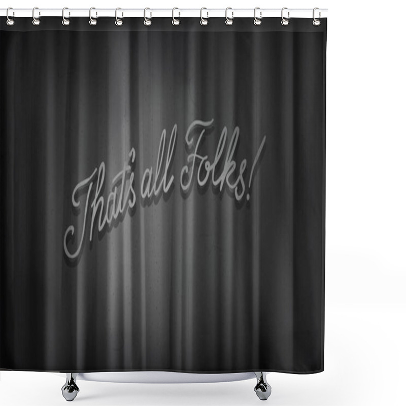 Personality  Black noir screen with curtains and typography That's all folks! Vintage retro scene with lettering like in old time hollywood movie shower curtains