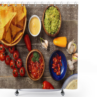 Personality  Top View Of Mexican Nachos Served With Guacamole, Cheese Sauce And Salsa On Wooden Rustic Table Shower Curtains