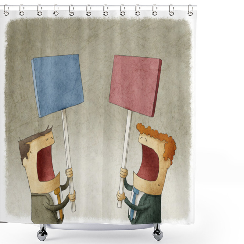 Personality  Two Businessmen Holding A Sign Protesting With Different Opinions Shower Curtains