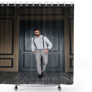 Personality  Handsome Elegant Man Posing In White Shirt And Suspenders Against Door Shower Curtains