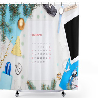 Personality  December Calendar Page, Digital Camera, Chrismas Baubles, Fir Branch, Wristwatch, Blue Paper, Wooden Block With December Inscription, Isolated On White Shower Curtains