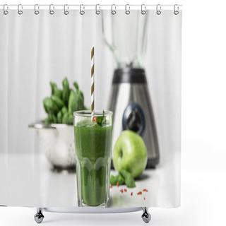 Personality  Selective Focus Of Tasty Smoothie In Glass With Straw Near Fresh Spinach Leaves, Apple And Blender On White  Shower Curtains