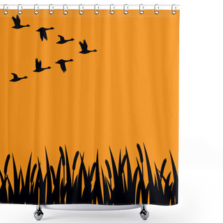Personality  Flock Of Canadian Geese In Flight Over Marsh In Silhouette Shower Curtains