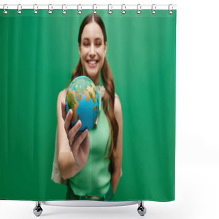 Personality  A Young Woman In Her 20s Delicately Holds A Small Globe In Her Hands, Symbolizing Care, Unity, And Global Connection. Shower Curtains