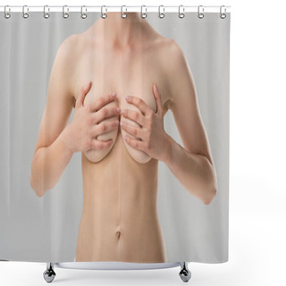 Personality  Partial View Of Sexy Naked Girl Covering Breast Isolated On Grey Shower Curtains