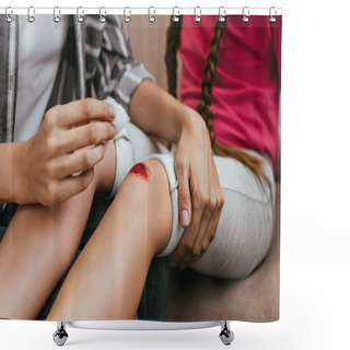 Personality  Cropped View Of Mother Holding Antiseptic Cotton Near Wound On Knee Of Daughter Shower Curtains