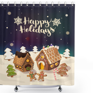 Personality  Cristmas Background With Gingerbread Houses, Candy, And Little Men, Vector. Shower Curtains