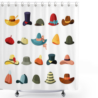 Personality  Hats And Color Caps Set. Retro Brown Trilby Trendy Green Baseball Traditional Felt Bowler Cap Elegant Purple Top Hat Felt Slouchy With Curled Brim Cloche Homburg Wide Ribbon Panama. Cartoon Vector. Shower Curtains