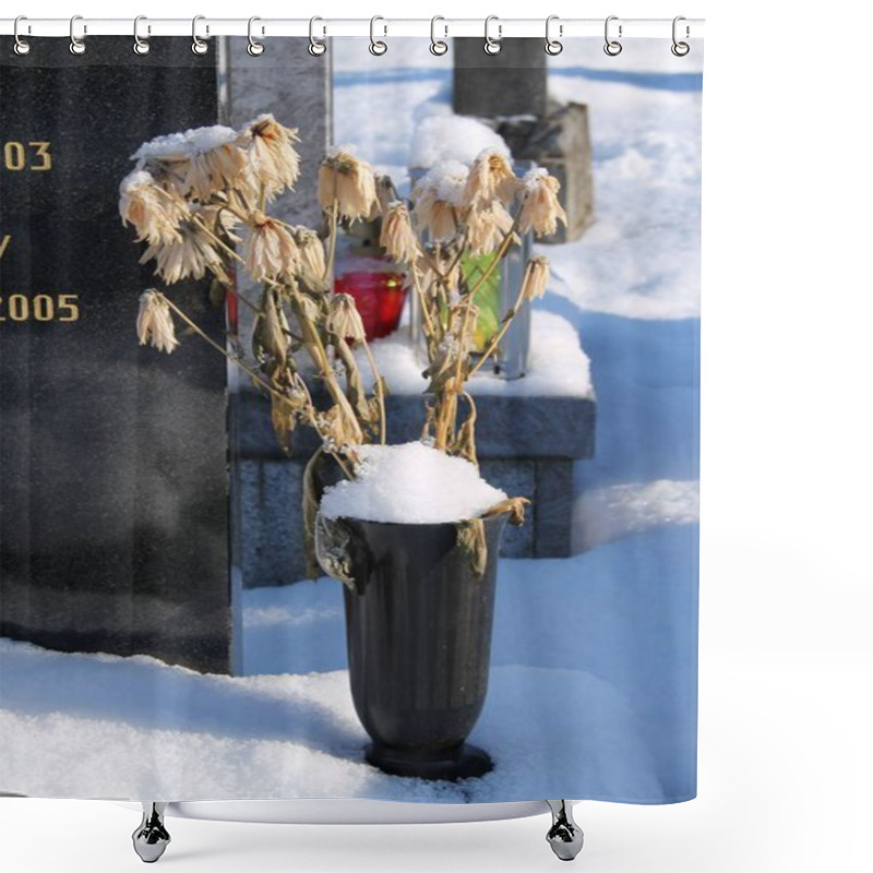 Personality  Sear Flowers In The Vase On The Grave With Some Snow In Winter Shower Curtains