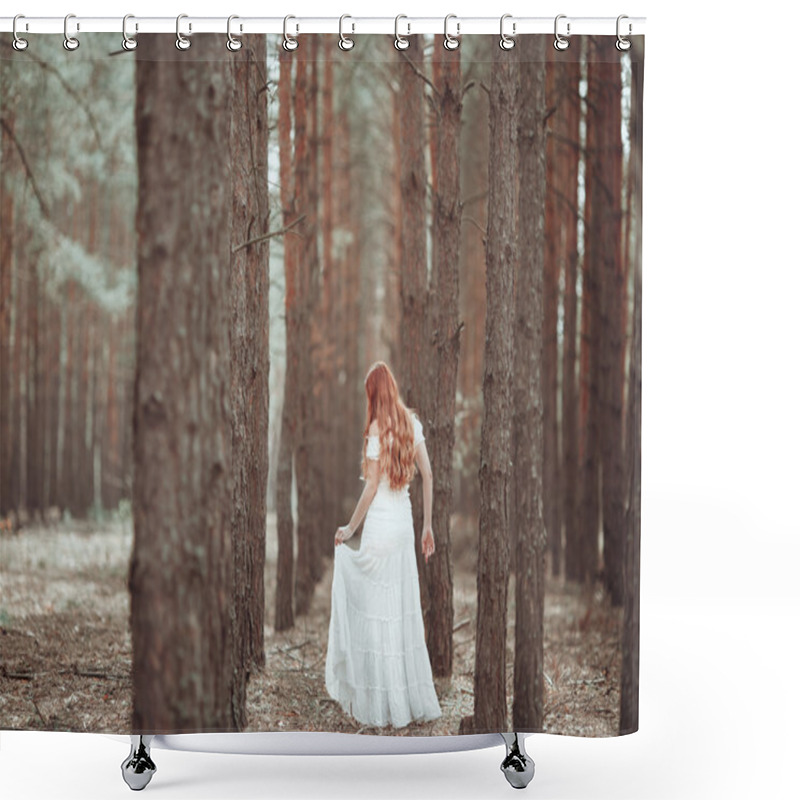 Personality  Ginger Girl In White Dress Walking In Pine Forest. Shower Curtains
