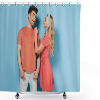 Personality  Blonde Woman In Elegant Dress And Handsome Man Talking And Looking At Each Other  Shower Curtains