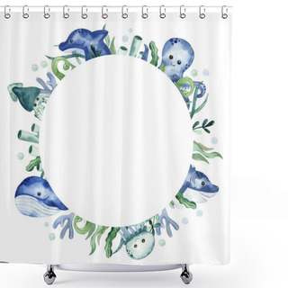 Personality  Sea Creatures, Fish, Algae And Corals. Watercolor Hand Drawn Round Frame Shower Curtains