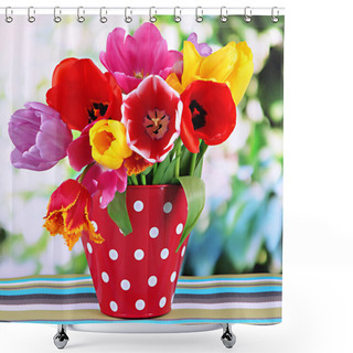 Personality  Beautiful Tulips In Bouquet On Table On Bright Background Shower Curtains