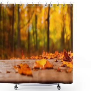 Personality  Colorful Leaves Of Oak On Wooden Table Shower Curtains