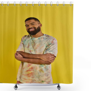 Personality  A Man With His Arms Crossed Standing Confidently In Front Of A Vibrant Yellow Background, Exuding A Sense Of Determination And Strength. Shower Curtains