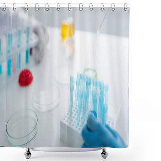 Personality  Cropped View Of Scientists Near Test Tubes And Blurred Petri Dishes In Laboratory Shower Curtains