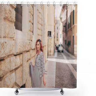 Personality  Happy Elegant Girl In Glamorous Dress Walking In Verona Shower Curtains