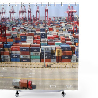 Personality  A Container Truck Passes By Piles Of Containers At A Terminal Of Yangshan Deep-water Port In Shanghai, China, 10 September 2013 Shower Curtains