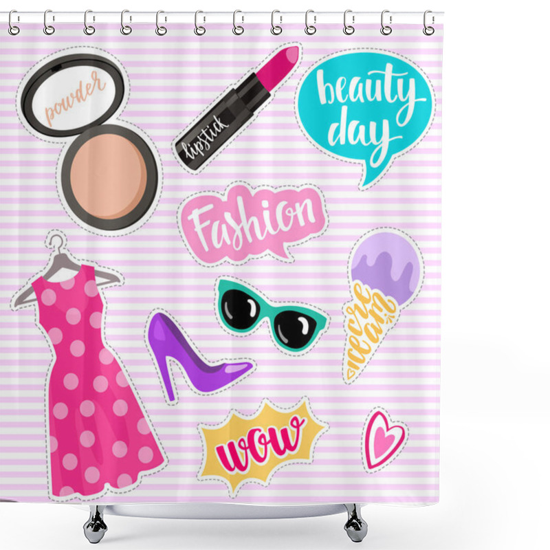 Personality  Set Of Fashion Elements In Patch Style. Hearts, Lipstick, Ice Cr Shower Curtains