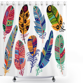 Personality  Collection Of Colorful Bird Feathers With Patterns Set, Beautiful Decoration Elements Vector Illustration Shower Curtains