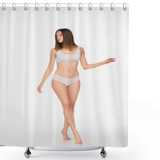 Personality  Full Length View Of Fit Woman In Underwear Walking On Tiptoes On White Background Shower Curtains