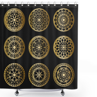 Personality  Set Of Golden Mandalas On A Black Background. Decorative Round Symbol, Arabic Motifs. Vector Illustration Shower Curtains