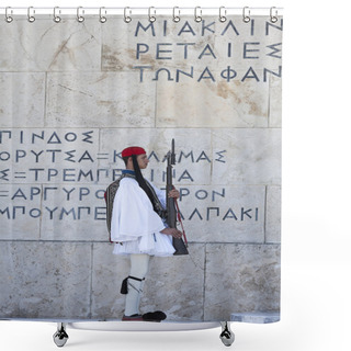 Personality  ATHENS,GREECE - SEP 23: Evzonas (presidential Guard) At The Greek Parliament Building In Front Of Syntagma Square On September 23, 2012 In Athens, Greece. Shower Curtains