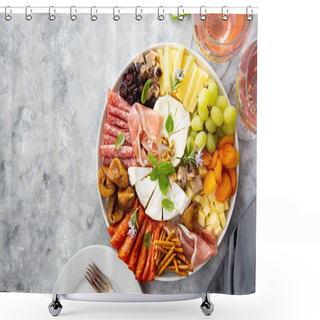 Personality  Charcuterie Assortment, Variety Of Cheeses And Salami, Prosciutto And Dried Fruits, Figs, Apricots, Cranberries. Top View Shower Curtains