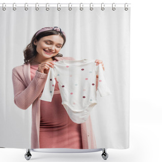 Personality  Joyful Pregnant Woman In Headband Holding Baby Romper Isolated On White  Shower Curtains