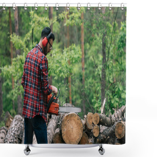 Personality  Bearded Lumberer In Plaid Shirt Cutting Trunks With Chainsaw In Wood Shower Curtains