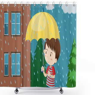 Personality  Young Boy With Umbrella Walking In Rain Illustration Shower Curtains