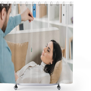 Personality  Cropped Shot Of Bearded Hypnotist Hypnotising Young Woman With Closed Eyes Lying On Couch Shower Curtains